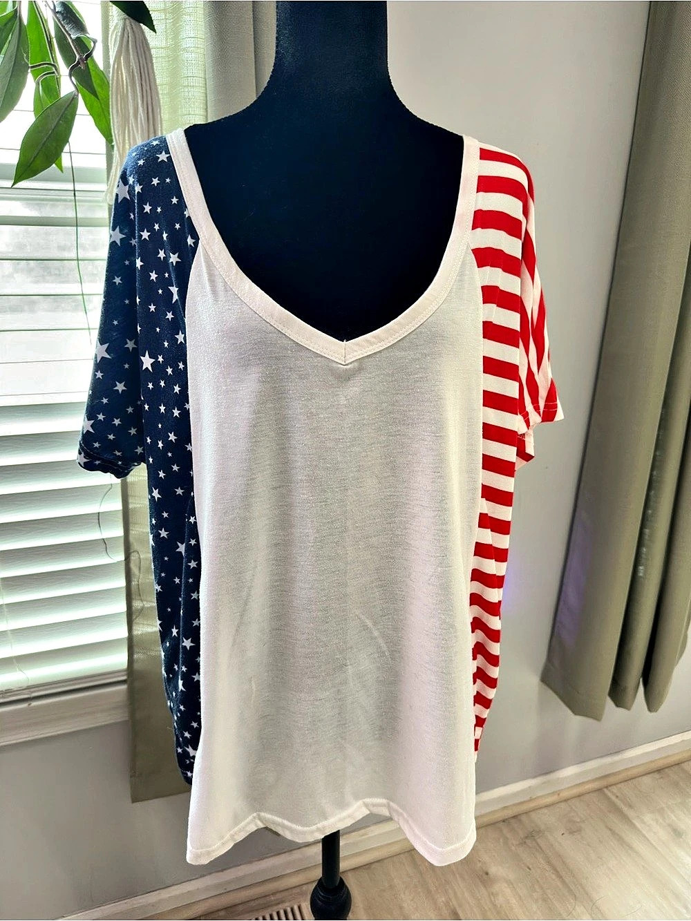 Americana Flag Stars Stripes Oversized V Neck Top Red White Blue L